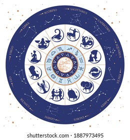 Modern magic witchcraft Astrology wheel with zodiac signs on space background. Horoscope vector illustration