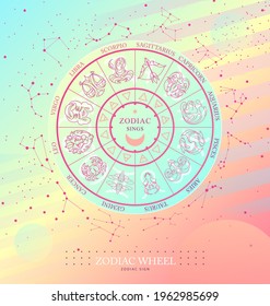 Modern magic witchcraft Astrology wheel with zodiac signs on space background. Horoscope vector illustration