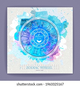 Modern magic witchcraft Astrology wheel with zodiac signs on watercolor background. Horoscope vector illustration