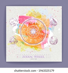 Modern magic witchcraft Astrology wheel with zodiac signs on watercolor background. Horoscope vector illustration