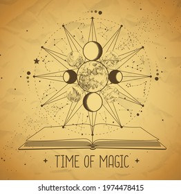 Modern magic witchcraft Astrology wheel with zodiac signs and open magic book. Zodiac constellations. Horoscope vector illustration