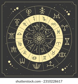 Moderna brujería mágica rueda de astrología con signos de zodiaco en el fondo espacial.  Zodiaco inferior y superior. Ilustración vectorial del horóscopo