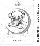 Modern magic witchcraft card with astrology Taurus zodiac sign. Realistic hand drawing bull head