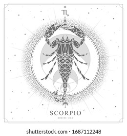 Modern magic witchcraft card with astrology Scorpio zodiac sign. Scorpion illustration in polygonal style