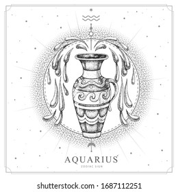 Modern magic witchcraft card with astrology Aquarius zodiac sign. Realistic hand drawing water jug illustration