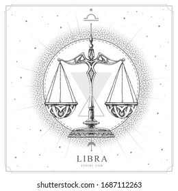 Modern magic witchcraft card with astrology Libra zodiac sign. Realistic hand drawing scales illustration