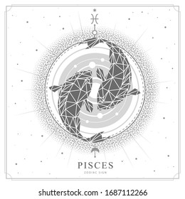 Modern magic witchcraft card with astrology Pisces zodiac sign. Koi fish illustration in polygonal style