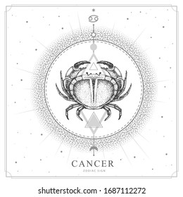 Tarjeta de brujería mágica moderna con signo de astrología Cáncer zodiaco. Dibujo manual realista de cangrejo