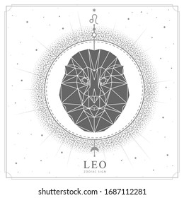 Modern magic witchcraft card with astrology Leo zodiac sign. Lion head in polygonal style