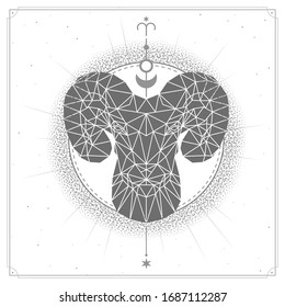 Tarjeta de brujería mágica moderna con signo Aries zodiac astrología. Cabeza de mecha o de pulmón de estilo poligonal