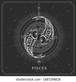 Modern magic witchcraft card with astrology Pisces zodiac sign. Realistic hand drawing koi fish illustration