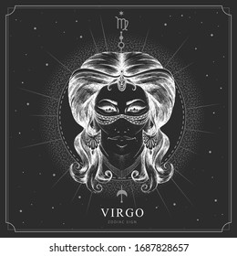 Modern magic witchcraft card with astrology Virgo zodiac sign. Realistic hand drawing woman head