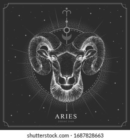 Tarjeta de brujería mágica moderna con signo Aries zodiac astrología. Borrador de mano realista o cabeza de ratón