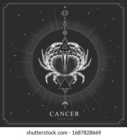 Modern magic witchcraft card with astrology Cancer zodiac sign. Realistic hand drawing crab illustration