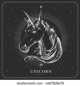 Modern magic witchcraft card with astrology Unicorn zodiac sign. Realistic hand drawing horse or unicorn head