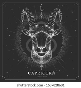 Modern magic witchcraft card with astrology Capricorn zodiac sign. Realistic hand drawing ram or mouflon head