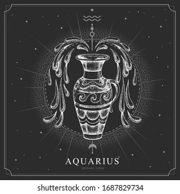 Modern magic witchcraft card with astrology Aquarius zodiac sign. Realistic hand drawing water jug illustration