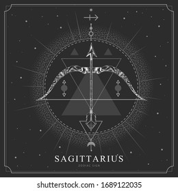 Modern magic witchcraft card with astrology Sagittarius zodiac sign. Realistic hand drawing Bow and arrow illustration