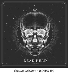 Modern magic witchcraft card with astrology human skull sign. Realistic hand drawing dead head