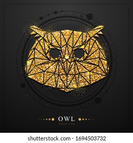 Modern magic witchcraft card with astrology polygonal golden Owl zodiac sign. Polygonal golden owl head on black background