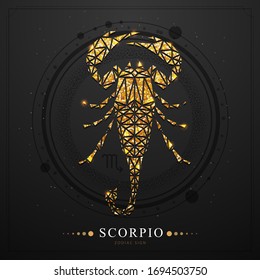 Modern magic witchcraft card with astrology golden Scorpio zodiac sign. Golden Scorpion illustration in polygonal style