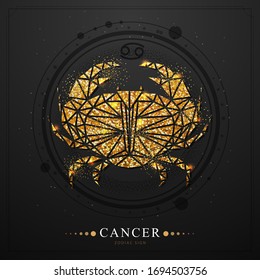 Modern magic witchcraft card with astrology golden Cancer zodiac sign. Golden Crab illustration in polygolan style on black background