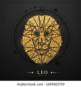 Modern magic witchcraft card with astrology golden Leo zodiac sign. Golden Lion head in polygonal style on black background