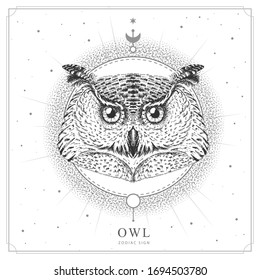 Modern magic witchcraft card with astrology Owl zodiac sign. Realistic hand drawing owl head