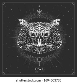 Modern magic witchcraft card with astrology Owl zodiac sign. Realistic hand drawing owl head