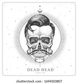 Modern magic witchcraft card with astrology human skull sign. Realistic hand drawing dead head