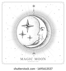 Modern magic witchcraft card with astrology moon sign with human face. Realistic hand drawing illustration of moon with human face