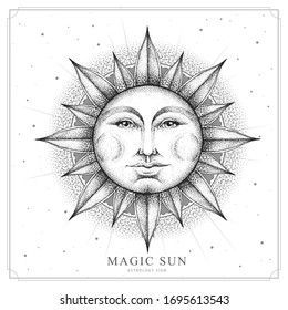 Modern magic witchcraft card with astrology sun sign with human face. Realistic hand drawing illustration of sun with human face