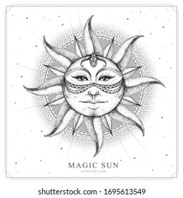 Modern magic witchcraft card with astrology sun sign with human face. Realistic hand drawing illustration of sun with human face