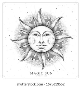 Modern magic witchcraft card with astrology sun sign with human face. Realistic hand drawing illustration of sun with human face