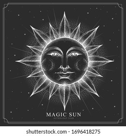 Modern magic witchcraft card with astrology sun sign with human face. Realistic hand drawing illustration of sun with human face