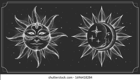 Modern magic witchcraft card with astrology sun and moon sign with human face. Day and nignt. Realistic hand drawing illustration of sun and moon with human face