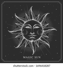 Modern magic witchcraft card with astrology sun sign with human face. Realistic hand drawing illustration of sun with human face