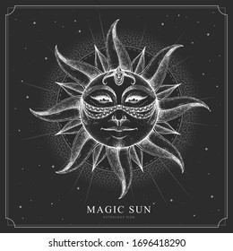 人間の顔を持つ星印を持つ現代の魔法の魔法カード 人間の顔を持つ太陽のリアルな手描きのイラスト のベクター画像素材 ロイヤリティフリー