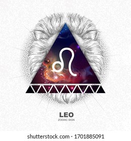 Modern magic witchcraft card with astrology Leo zodiac sign on space background. Realistic hand drawing lion head