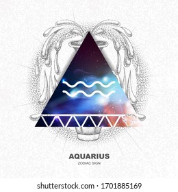 Modern magic witchcraft card with astrology Aquarius zodiac sign on space background. Realistic hand drawing water jug illustration