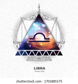 Modern magic witchcraft card with astrology Libra zodiac sign on space background. Realistic hand drawing scales illustration