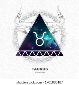 Modern magic witchcraft card with astrology Taurus zodiac sign on space background. Realistic hand drawing bull head