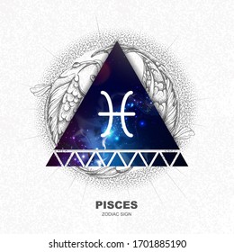 Modern magic witchcraft card with astrology Pisces zodiac sign on space background. Realistic hand drawing koi fish illustration