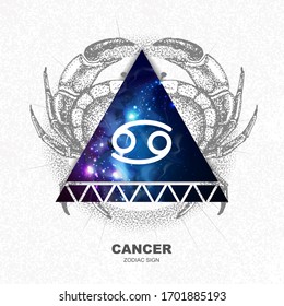 Modern magic witchcraft card with astrology Cancer zodiac sign on space background. Realistic hand drawing crab illustration