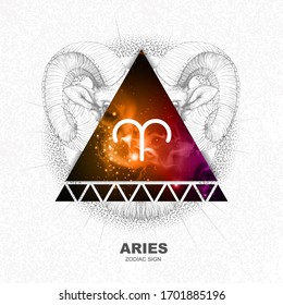 Modern magic witchcraft card with astrology Aries zodiac sign on space background. Realistic hand drawing ram or mouflon head