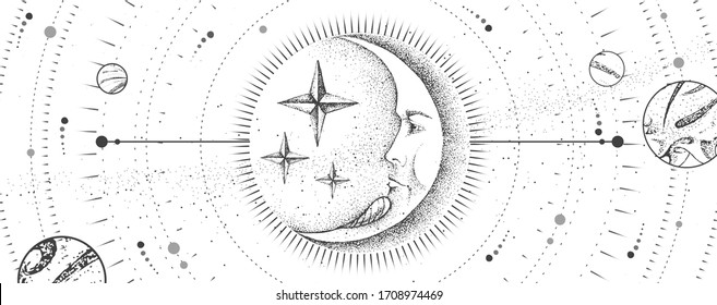 Modern magic witchcraft card with astrology moon sign with human face. Realistic hand drawing vector  illustration