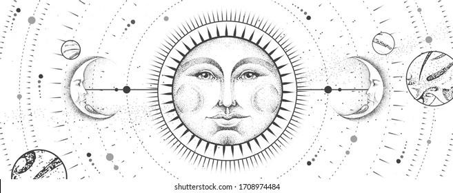 Modern magic witchcraft card with astrology sun and moon sign with human face on outer space background. Day and nignt. Realistic hand drawing vector illustration