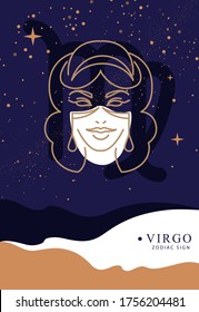 Modern magic witchcraft card with astrology Virgo zodiac sign. Woman head logo design