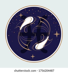 Tarjeta de brujería mágica moderna con signo de astrología Pisces zodiac. Diseño del logotipo de pescado de Koi