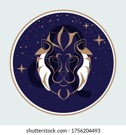 Modern magic witchcraft card with astrology Leo zodiac sign. Lion head logo design